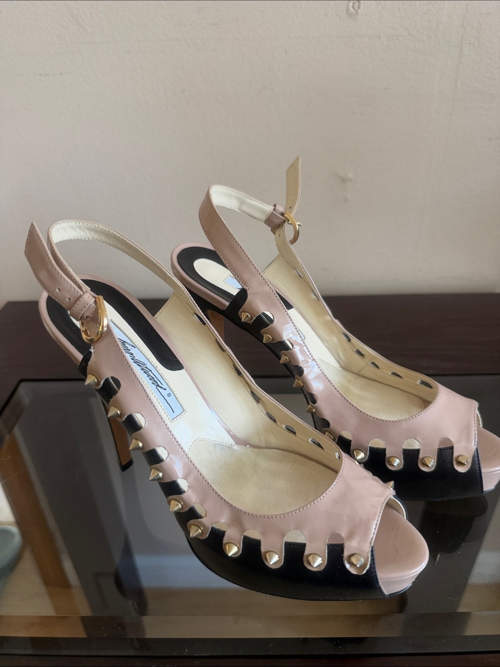 Brian Atwood Nude Pink Peep-Toe Slingback Heels with Gold Studs